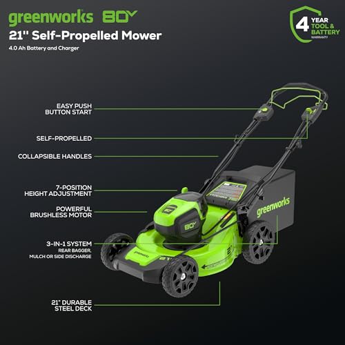 Greenworks 80V 21" Brushless Cordless (Self-Propelled) Lawn Mower (75+ Compatible Tools), 4.0Ah Battery and 60 Minute Rapid Charger Included