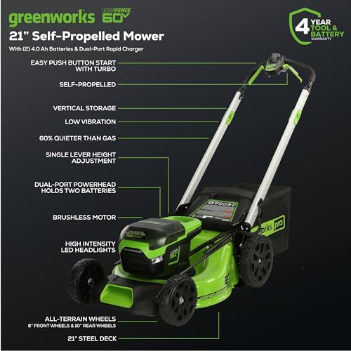 Greenworks 60V 21" Self-Propelled Cordless Lawn Mower, Brushless Motor, LED Lights, Includes 2X 4.0Ah Batteries & Rapid Dual-Port Charger(75+ Tool Compatibility, 45Min Runtime)