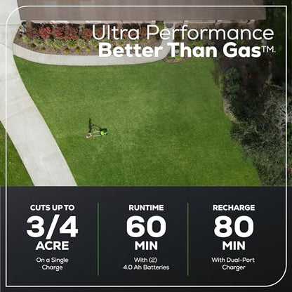 Greenworks 60V 21" Self-Propelled Cordless Lawn Mower, Brushless Motor, LED Lights, Includes 2X 4.0Ah Batteries & Rapid Dual-Port Charger(75+ Tool Compatibility, 45Min Runtime)