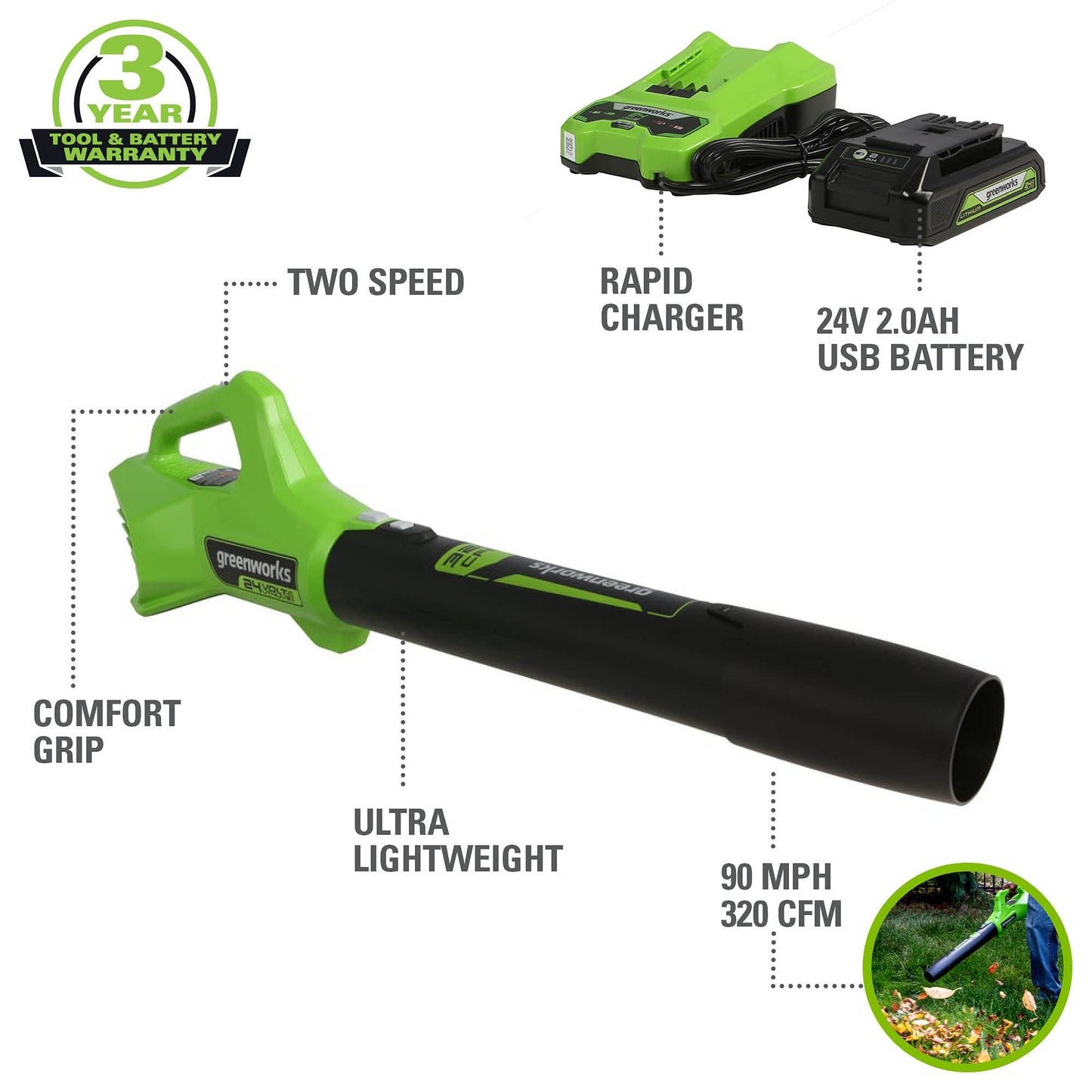 Greenworks 48V (2x24V) Electric Lawn Mower Combo Kit: 20" Steel Deck Push Mower, 12" String Trimmer, 320 CFM Blower, and 1/2”Drill & 1/4”Hex Impact Driver, 5 Batteries & 3 Chargers, 3-Year Warranty