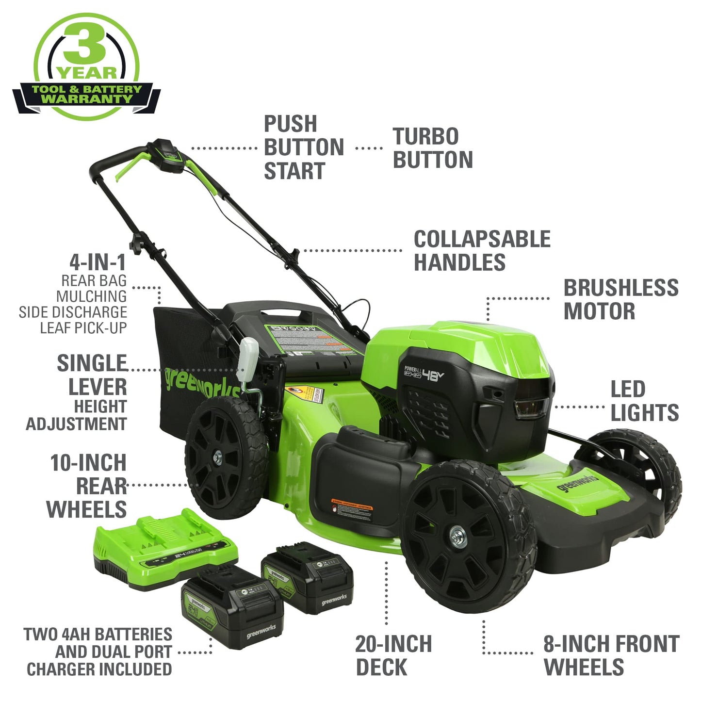 Greenworks 48V (2x24V) Electric Lawn Mower Combo Kit: 20" Steel Deck Push Mower, 12" String Trimmer, 320 CFM Blower, and 1/2”Drill & 1/4”Hex Impact Driver, 5 Batteries & 3 Chargers, 3-Year Warranty