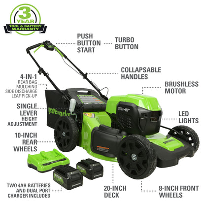 Greenworks 48V (2x24V) Electric Lawn Mower Combo Kit: 20" Steel Deck Push Mower, 12" String Trimmer, 320 CFM Blower, and 1/2”Drill & 1/4”Hex Impact Driver, 5 Batteries & 3 Chargers, 3-Year Warranty