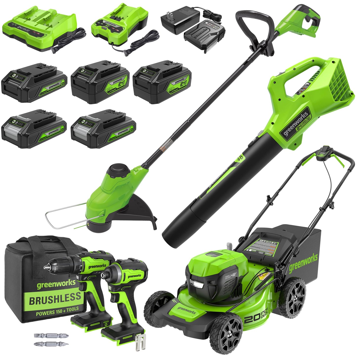 Greenworks 48V (2x24V) Electric Lawn Mower Combo Kit: 20" Steel Deck Push Mower, 12" String Trimmer, 320 CFM Blower, and 1/2”Drill & 1/4”Hex Impact Driver, 5 Batteries & 3 Chargers, 3-Year Warranty