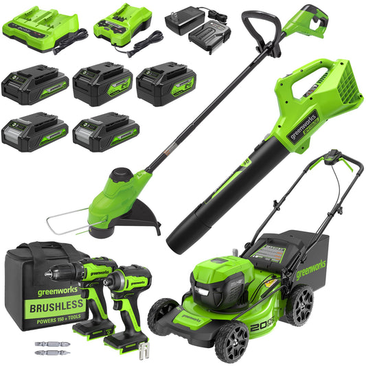Greenworks 48V (2x24V) Electric Lawn Mower Combo Kit: 20" Steel Deck Push Mower, 12" String Trimmer, 320 CFM Blower, and 1/2”Drill & 1/4”Hex Impact Driver, 5 Batteries & 3 Chargers, 3-Year Warranty