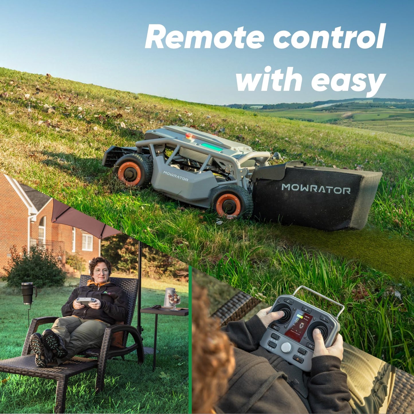 Mowrator Remote Control Lawn Mower S1 4WD 56V18Ah, Multi-Functions RC Lawn Mower with 1.5-4.3 Inch Cutting Height 21 Inch Real Blade for 75% Slope(37°) with Mowing 1.12 Acres