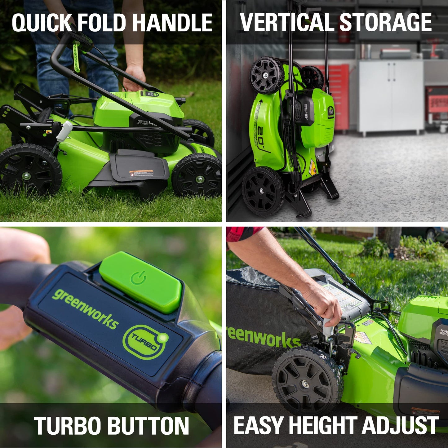 Greenworks 48V (2x24V) Electric Lawn Mower Combo Kit: 20" Steel Deck Push Mower, 12" String Trimmer, 320 CFM Blower, and 1/2”Drill & 1/4”Hex Impact Driver, 5 Batteries & 3 Chargers, 3-Year Warranty