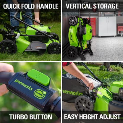 Greenworks 48V (2x24V) Electric Lawn Mower Combo Kit: 20" Steel Deck Push Mower, 12" String Trimmer, 320 CFM Blower, and 1/2”Drill & 1/4”Hex Impact Driver, 5 Batteries & 3 Chargers, 3-Year Warranty