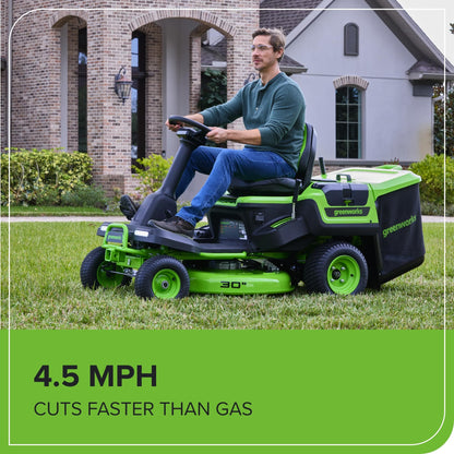 Greenworks 60V 30" Tractor+Rear Bagger+Bagging Blades,(4) 8.0Ah+(1) 20.0Ah Batteries+Wall Charger