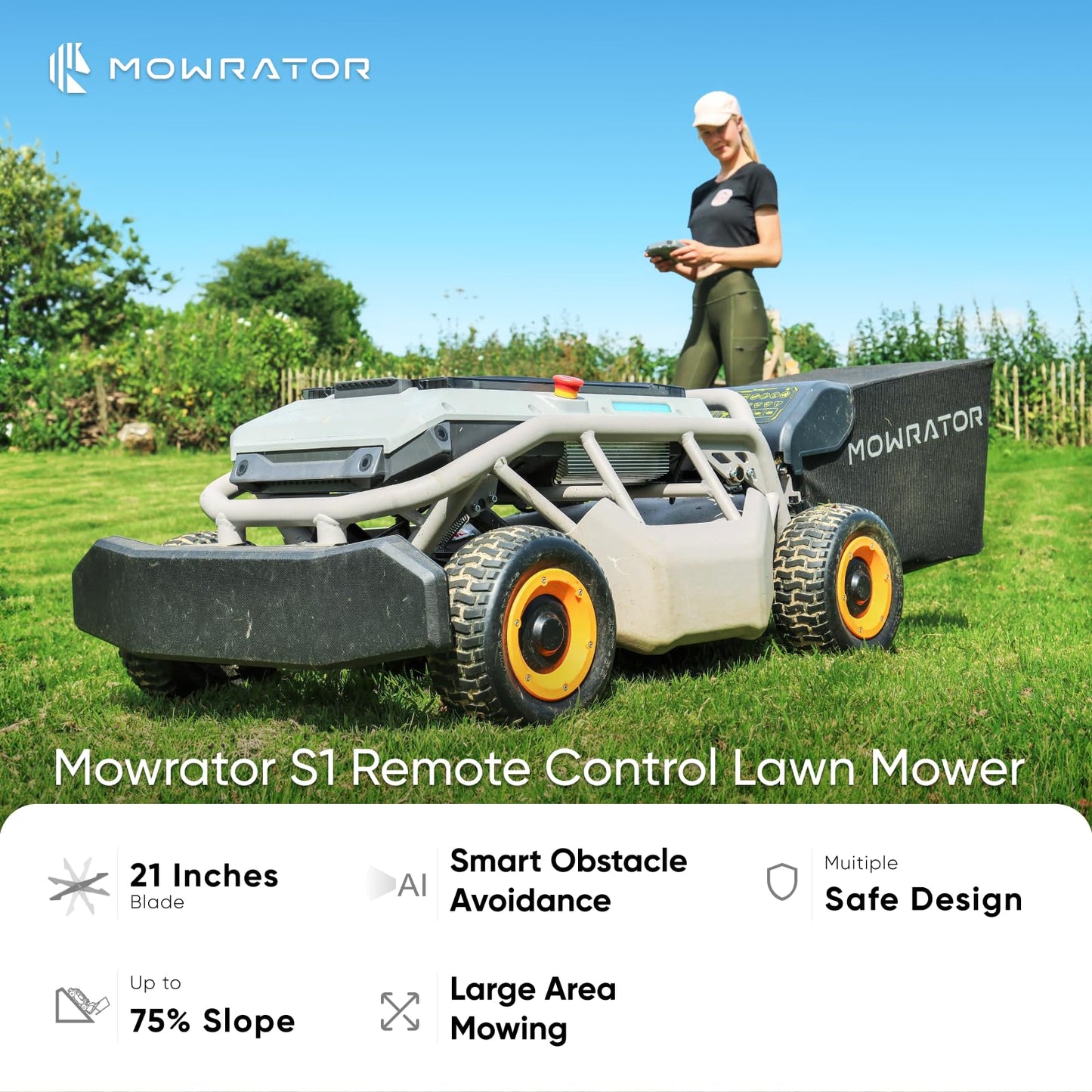 Mowrator Remote Control Lawn Mower S1 4WD 56V18Ah, Multi-Functions RC Lawn Mower with 1.5-4.3 Inch Cutting Height 21 Inch Real Blade for 75% Slope(37°) with Mowing 1.12 Acres