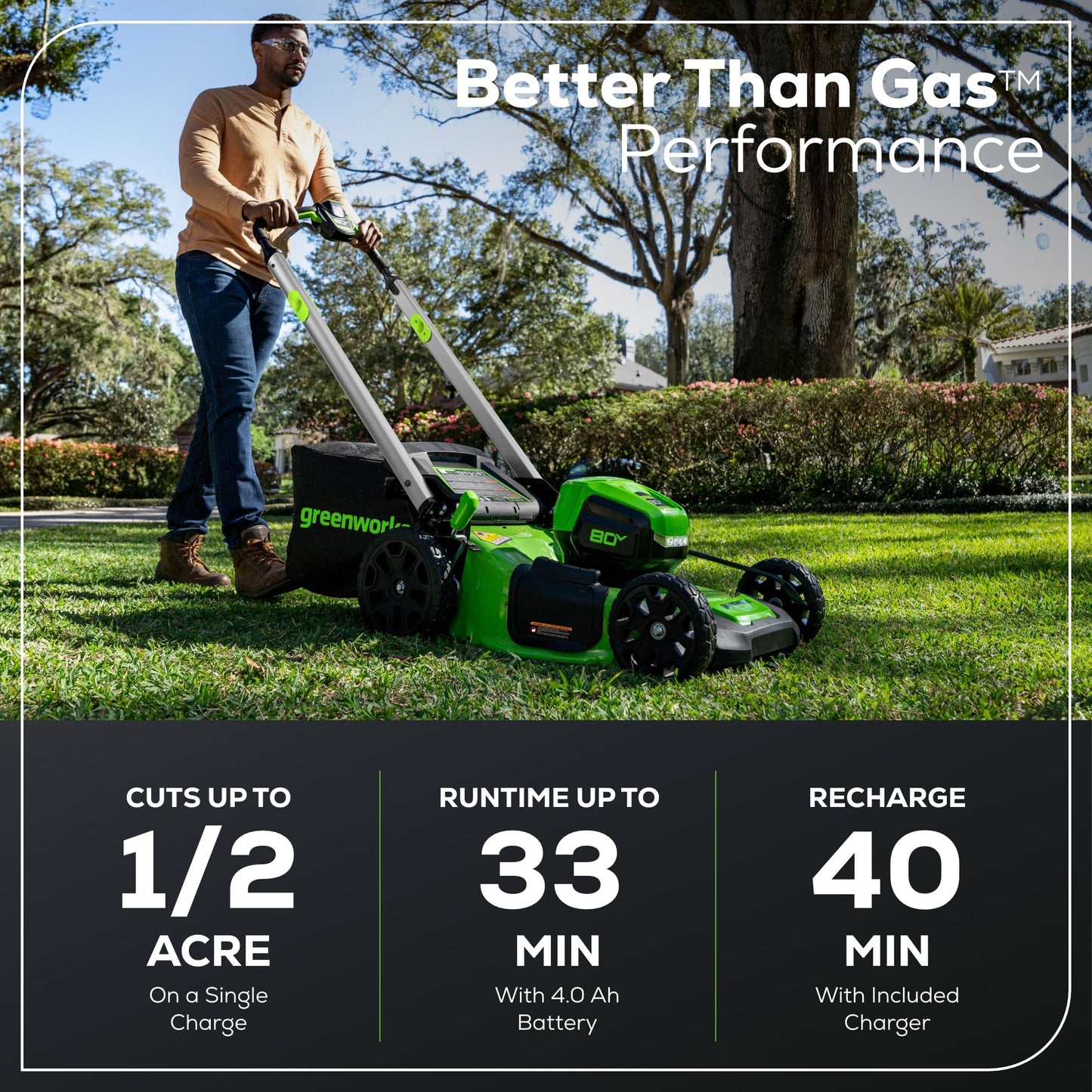 Greenworks 80V 21" Brushless Cordless (Self-Propelled) Lawn Mower (LED Headlight + Aluminum Handles), (2) 4.0Ah Batteries and Rapid Charger Included (75+ Compatible Tools)